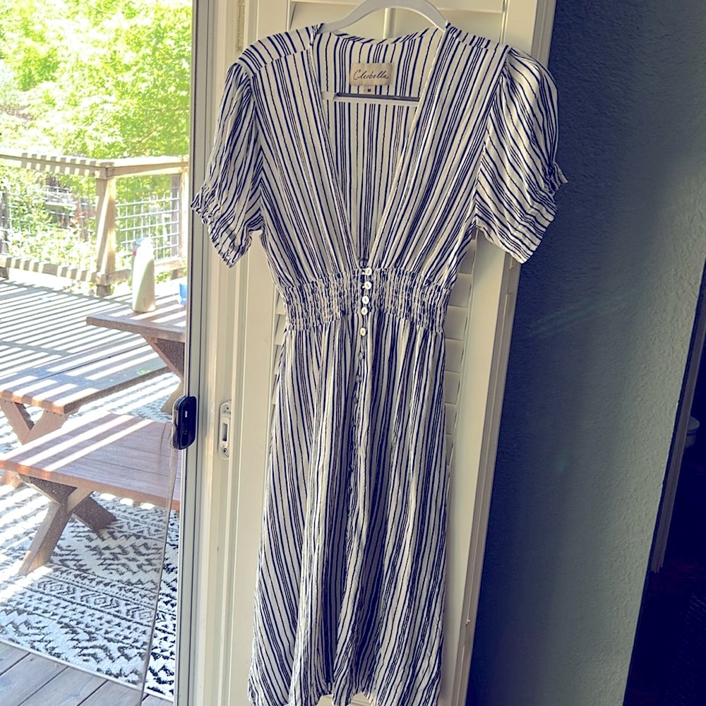 Cleobella Striped Midi Dress Size Medium V Neck Full Skirt Blue & White